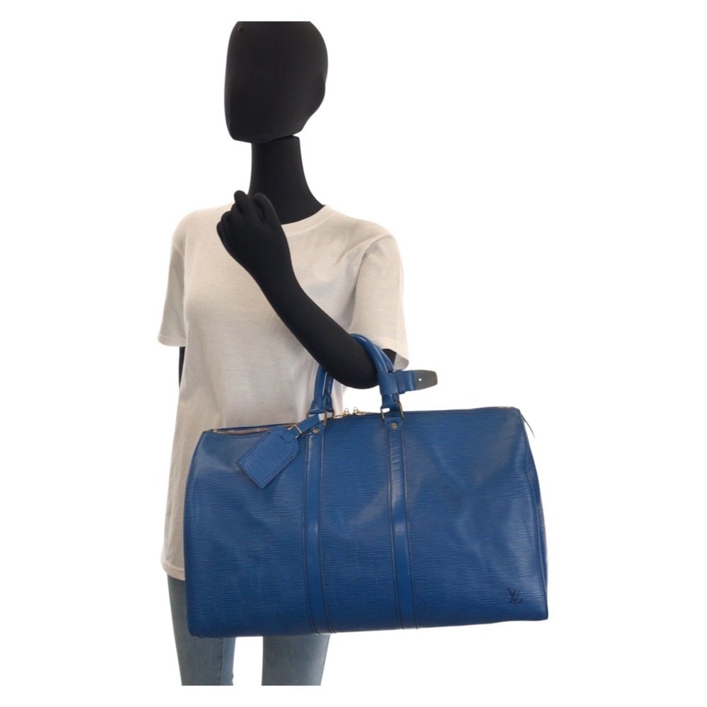 LOUIS VUITTON Epi Keepall 45 Blue Gold Hardware Leather M42975 Boston Bag - Picture 9 of 10